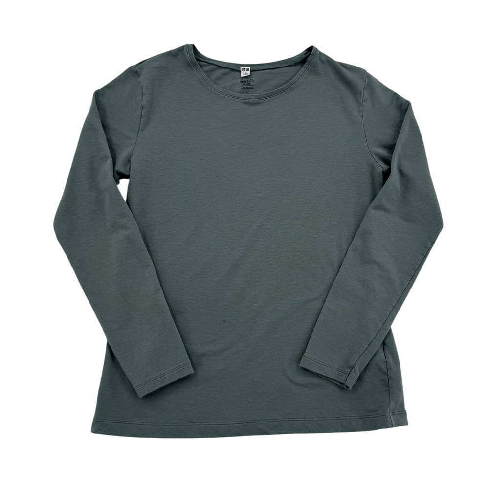 Uniqlo Heattech Extra Warm Top Womens Large Green Good Cotton Blend Long Sleeve